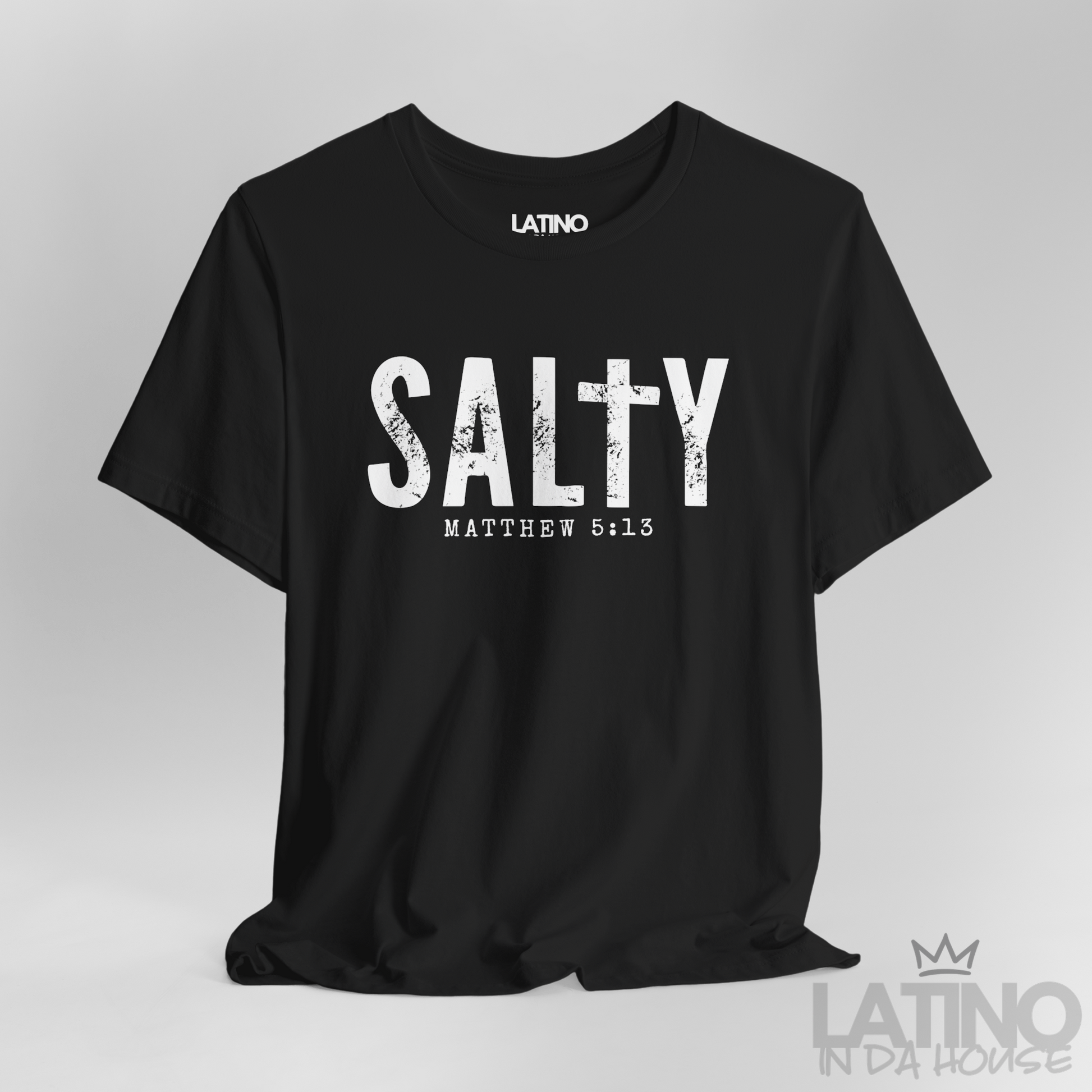 Close Up Salty Matthew 5:13 T-Shirt in black with distressed white text and cross design – Latino In Da House
