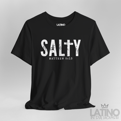 Close Up Salty Matthew 5:13 T-Shirt in black with distressed white text and cross design – Latino In Da House

