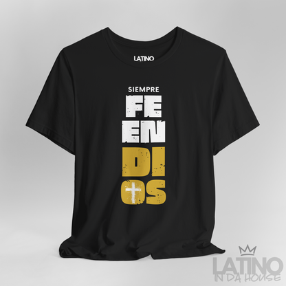 Close-up of Siempre Fe En Dios T-Shirt showing distressed typography and cross detail. Latino In Da House 