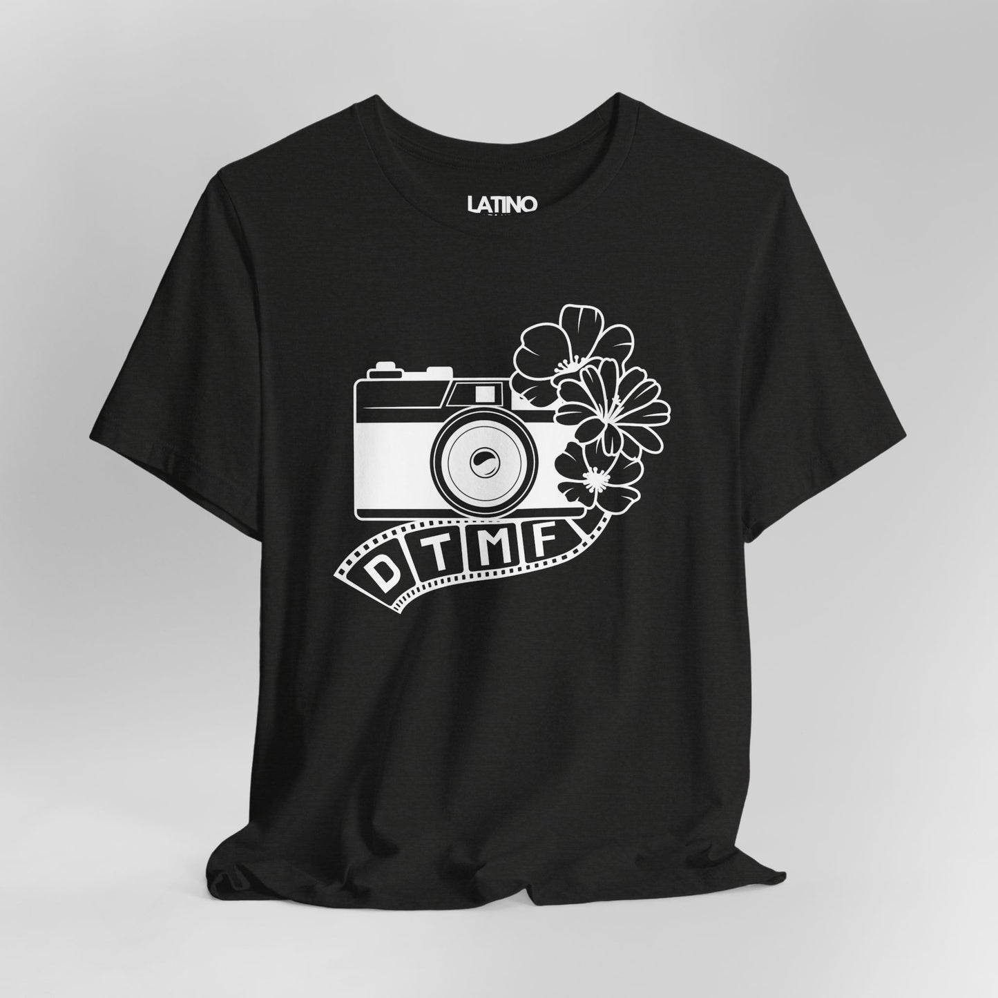 Close Up DTMF Black Heather T-Shirt pays tribute to the phrase "Debí Tirar Más Fotos". Latino In Da House