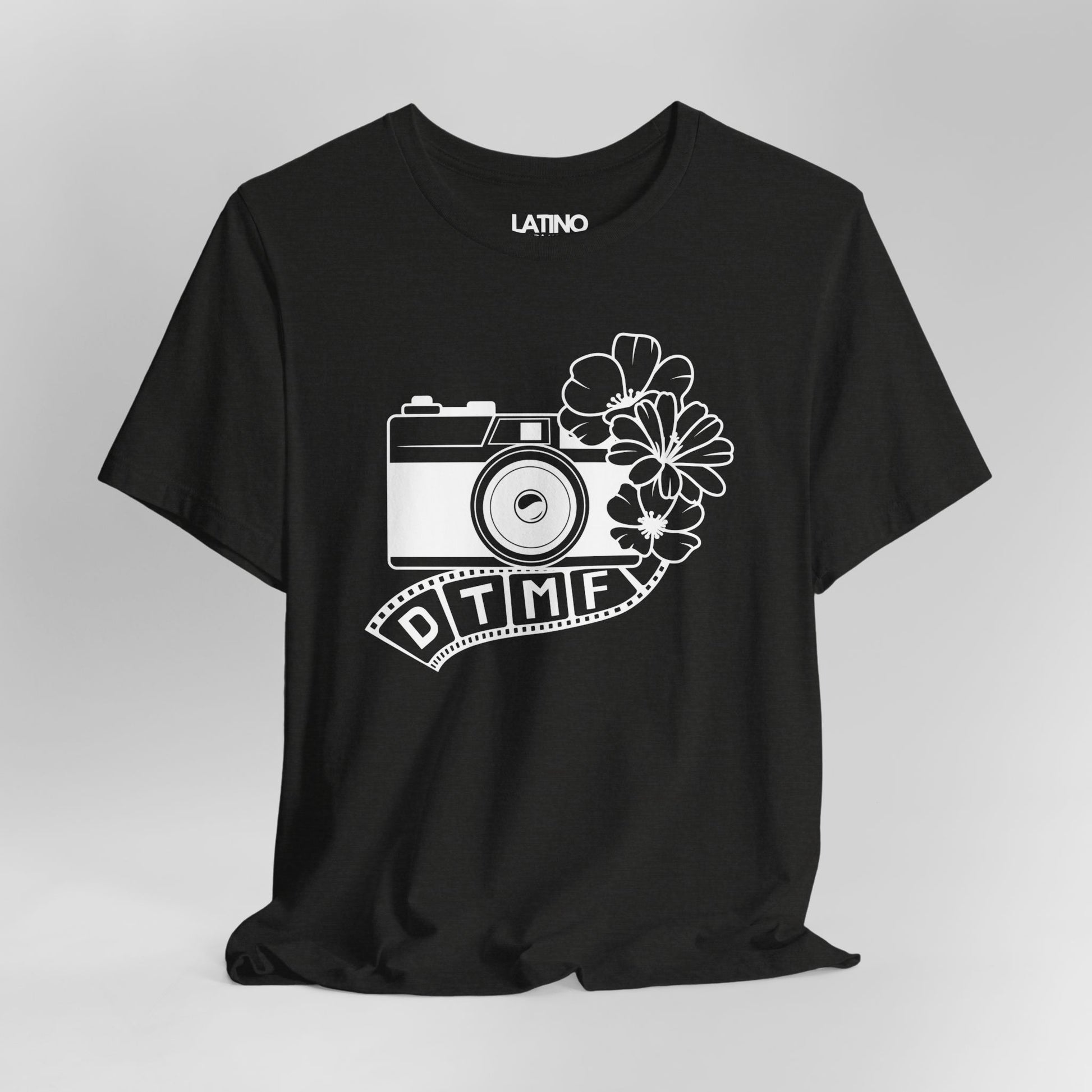 Close Up DTMF Black Heather T-Shirt pays tribute to the phrase "Debí Tirar Más Fotos". Latino In Da House