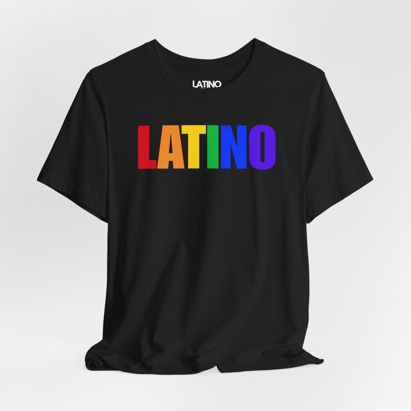 Close Up LATINO  LGBTQ+ Pride tee—clean block lettering filled with a classic rainbow. Minimal, modern, and made to stand out. Latino In Da House 