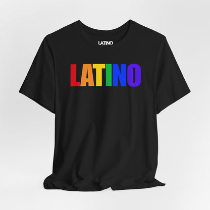 Close Up LATINO  LGBTQ+ Pride tee—clean block lettering filled with a classic rainbow. Minimal, modern, and made to stand out. Latino In Da House 