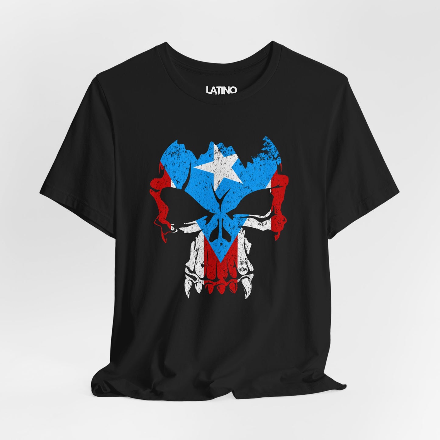 Close Up Puerto Rican Skull T-Shirt | Boricua Flag Punisher Style Black T-Shirt. Latino In Da House