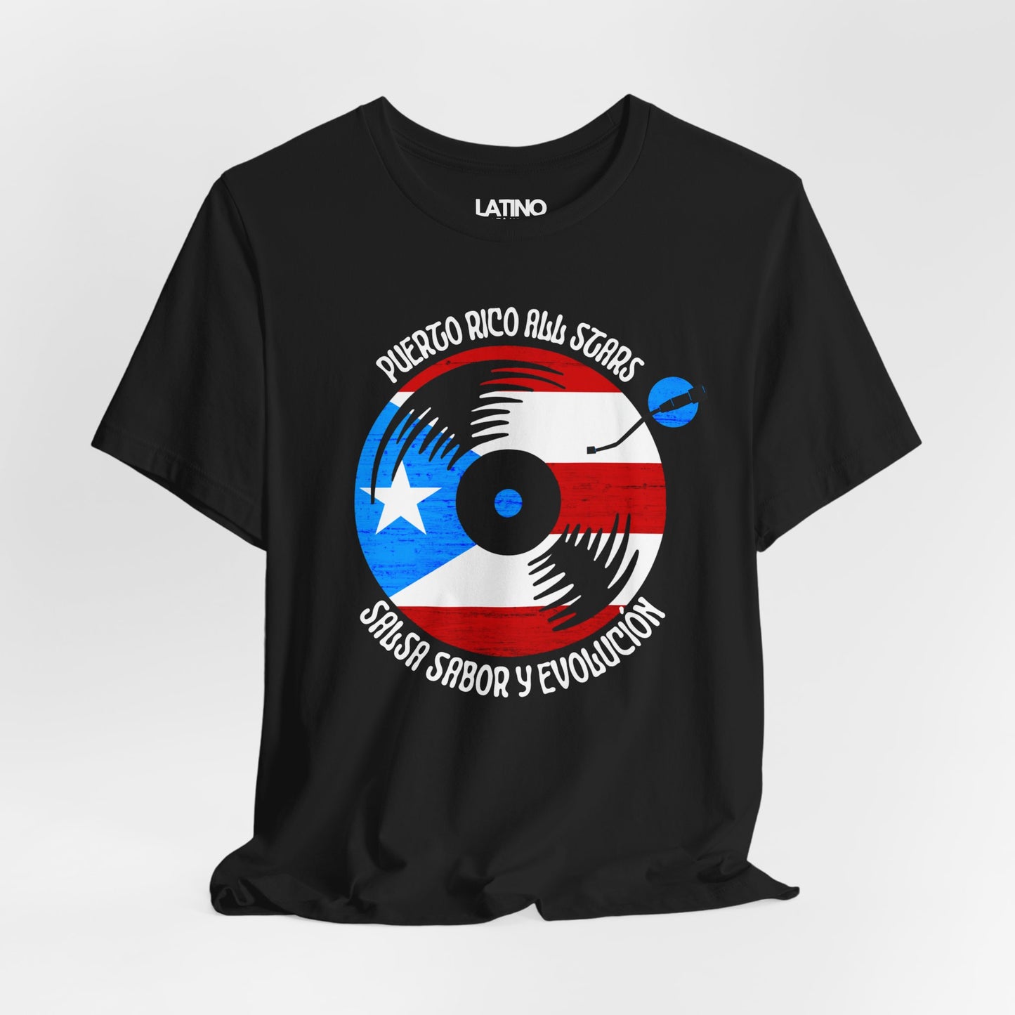 Close Up Puerto Rico All Stars Black T-Shirt — a bold vinyl record design wrapped in the Puerto Rican flag. Latino In Da House