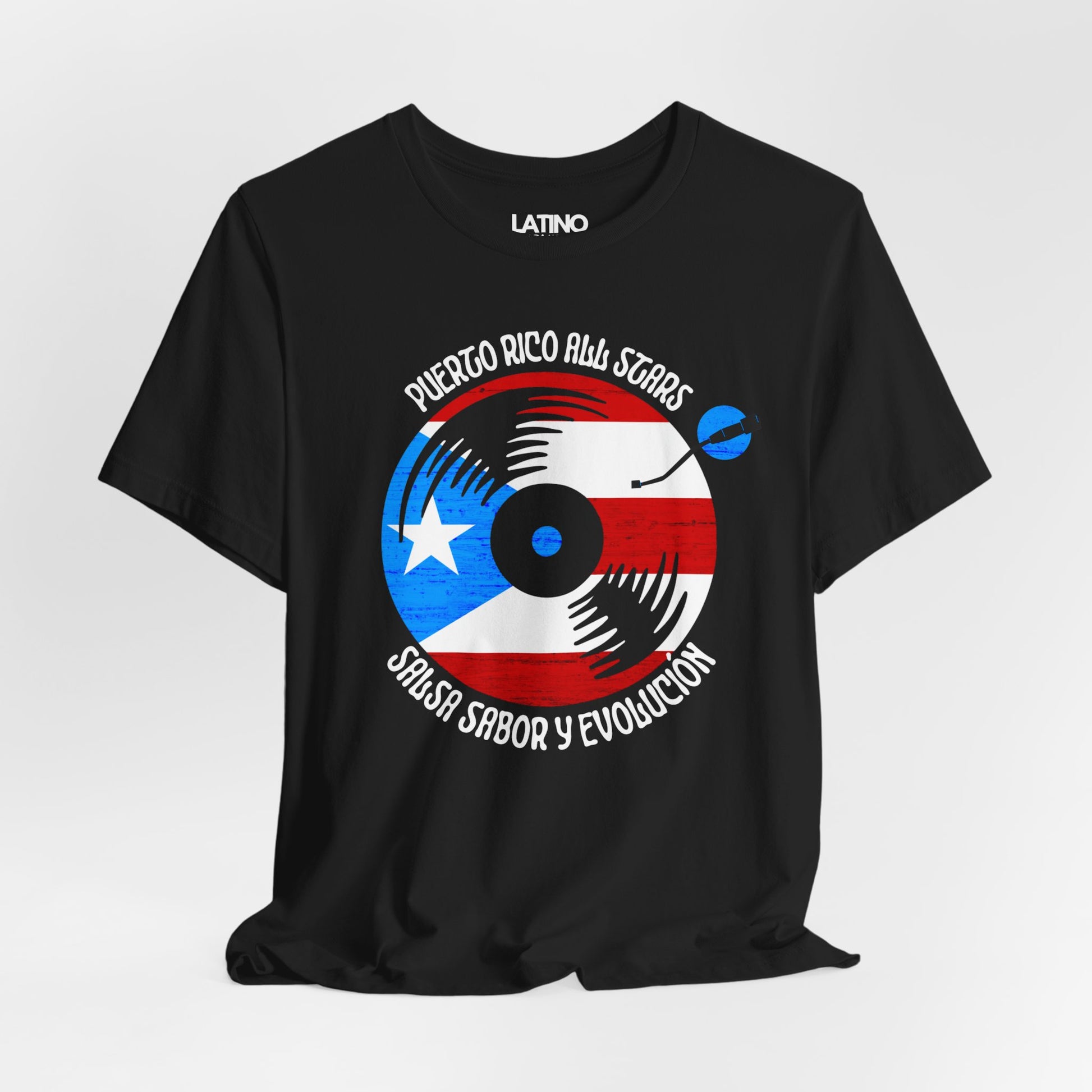 Close Up Puerto Rico All Stars Black T-Shirt — a bold vinyl record design wrapped in the Puerto Rican flag. Latino In Da House