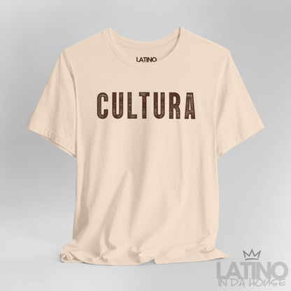Close-up view of Cultura T-Shirt in soft cream with bold brown lettering. Latino In Da House 