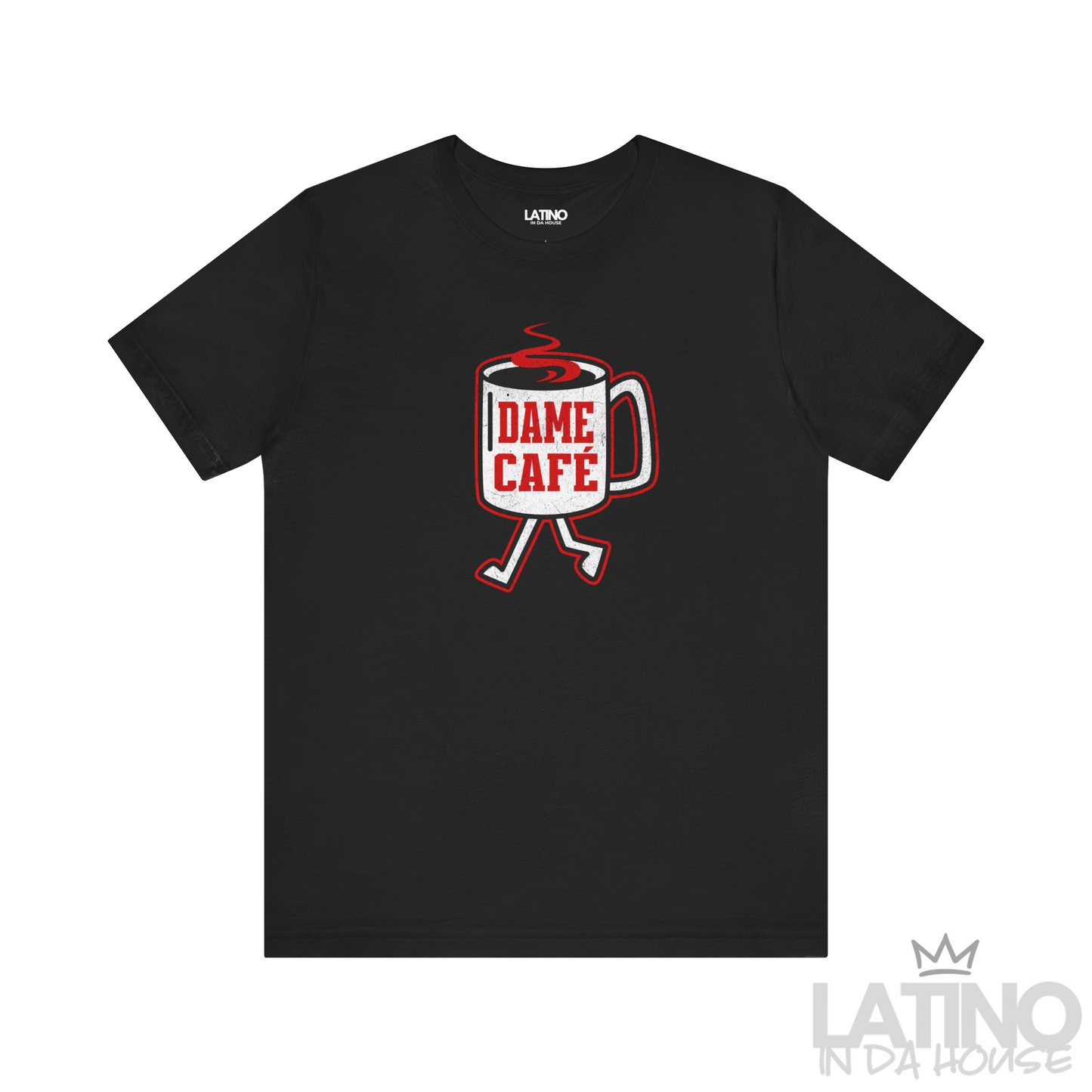 Dame Café T-Shirt in black with red and white walking coffee cup graphic – Latino In Da House