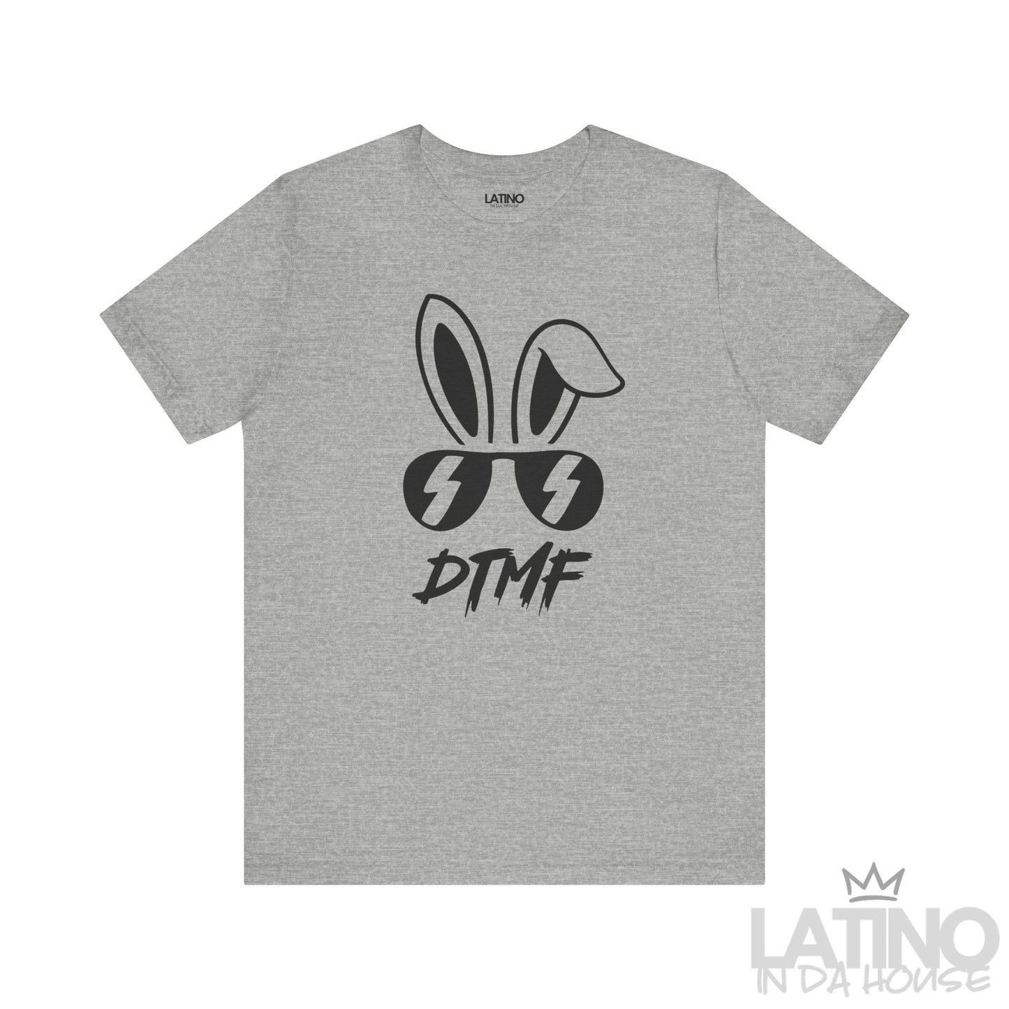 Heather Grey DTMF T-Shirt featuring bold bunny ears and lightning sunglasses design – Latino In Da House