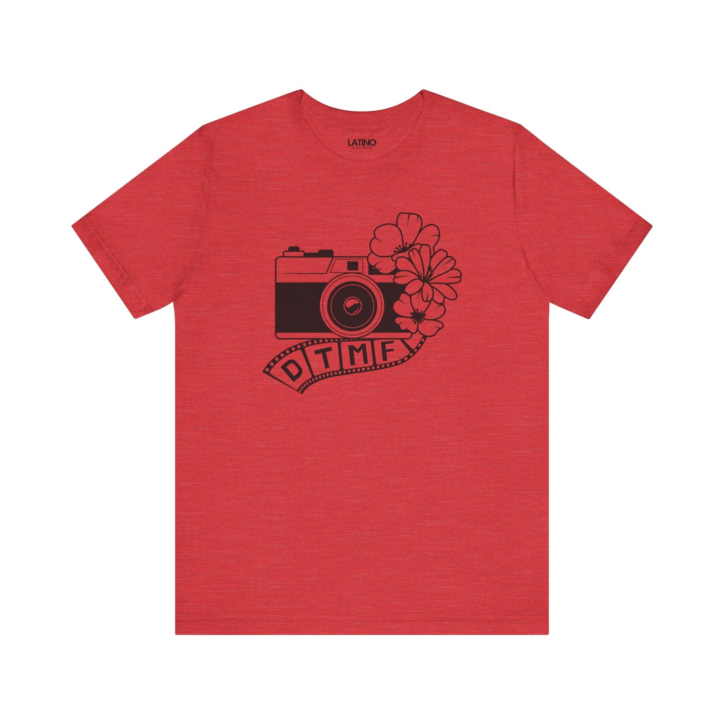 DTMF Heather Red T-Shirt pays tribute to the phrase "Debí Tirar Más Fotos". Latino In Da House