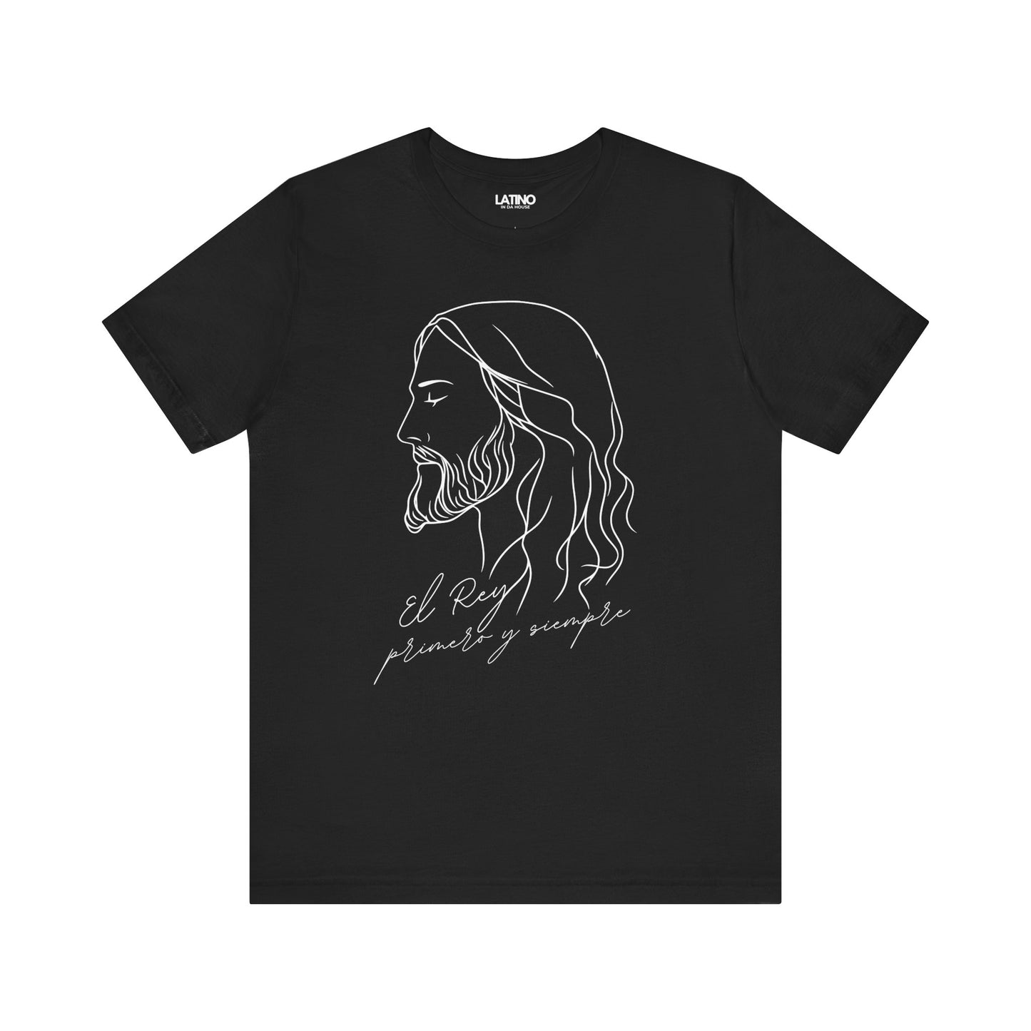 Rey, Primero y Siempre Faith T-Shirt in black with white line-art design. Latino In
Da House