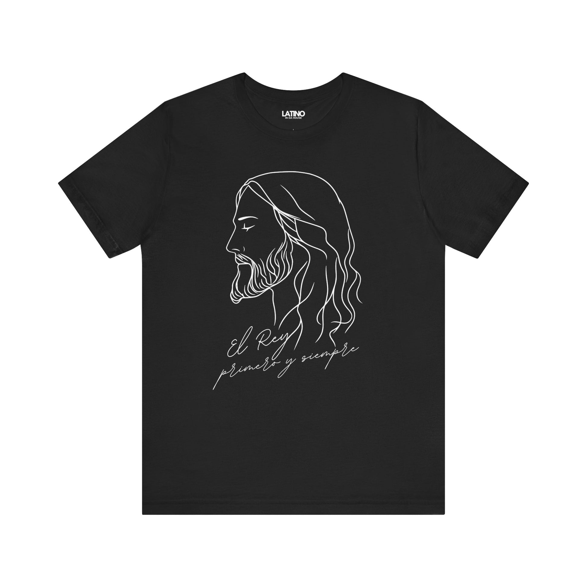 Rey, Primero y Siempre Faith T-Shirt in black with white line-art design. Latino In
Da House