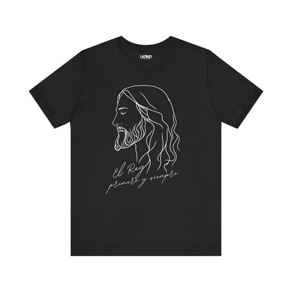 Rey, Primero y Siempre Faith T-Shirt in black with white line-art design. Latino In
Da House