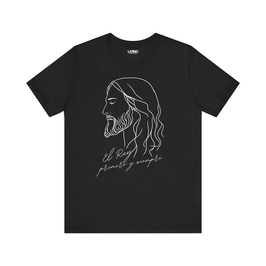 Rey, Primero y Siempre Faith T-Shirt in black with white line-art design. Latino In
Da House