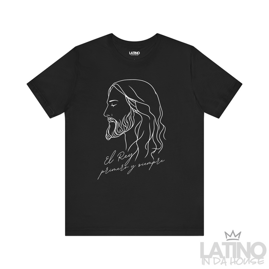 El Rey, Primero y Siempre Faith T-Shirt in black with white line-art design. Latino In Da House 