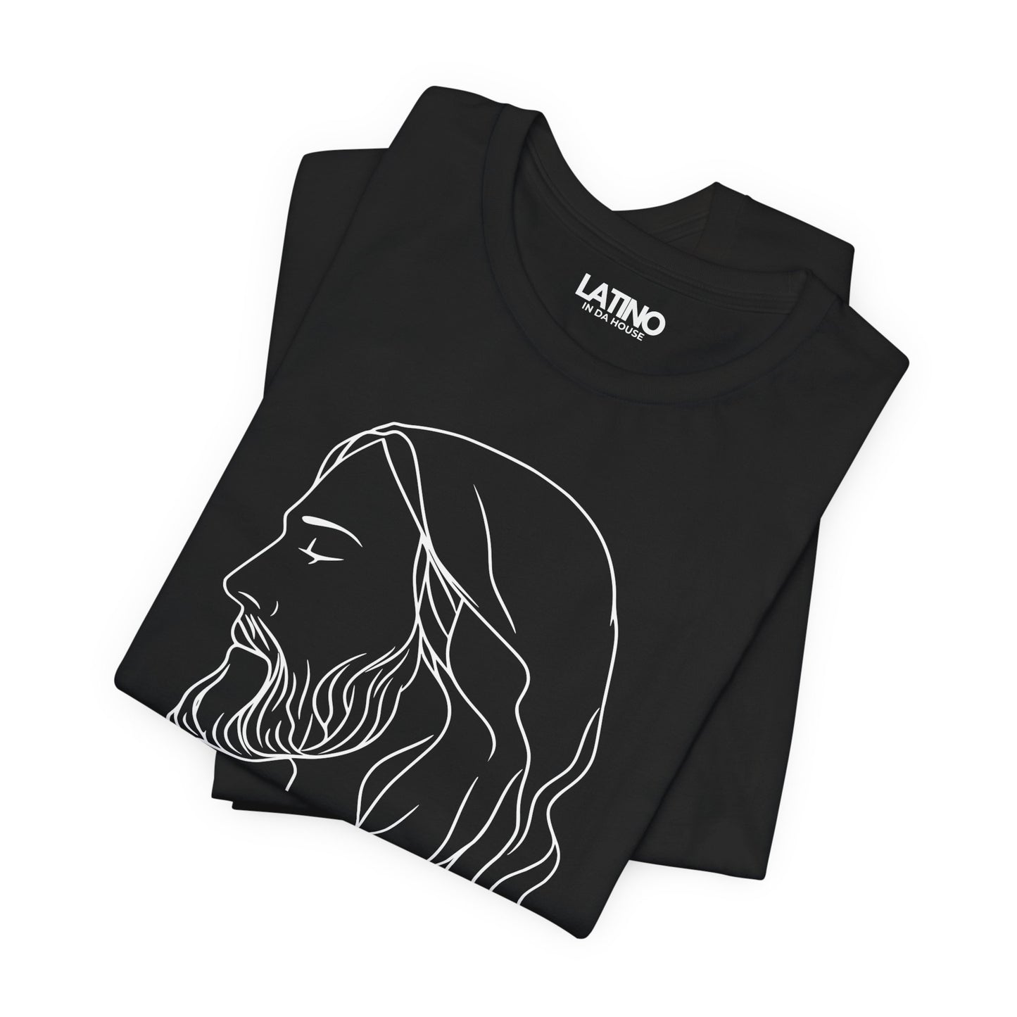 Minimal black faith tee flat lay with "El Rey, Primero y Siempre" text and Jesus line art.
Latino In Da House