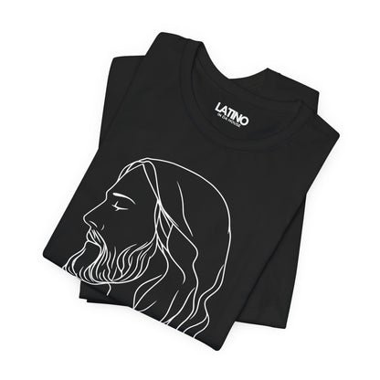 Minimal black faith tee flat lay with "El Rey, Primero y Siempre" text and Jesus line art.
Latino In Da House
