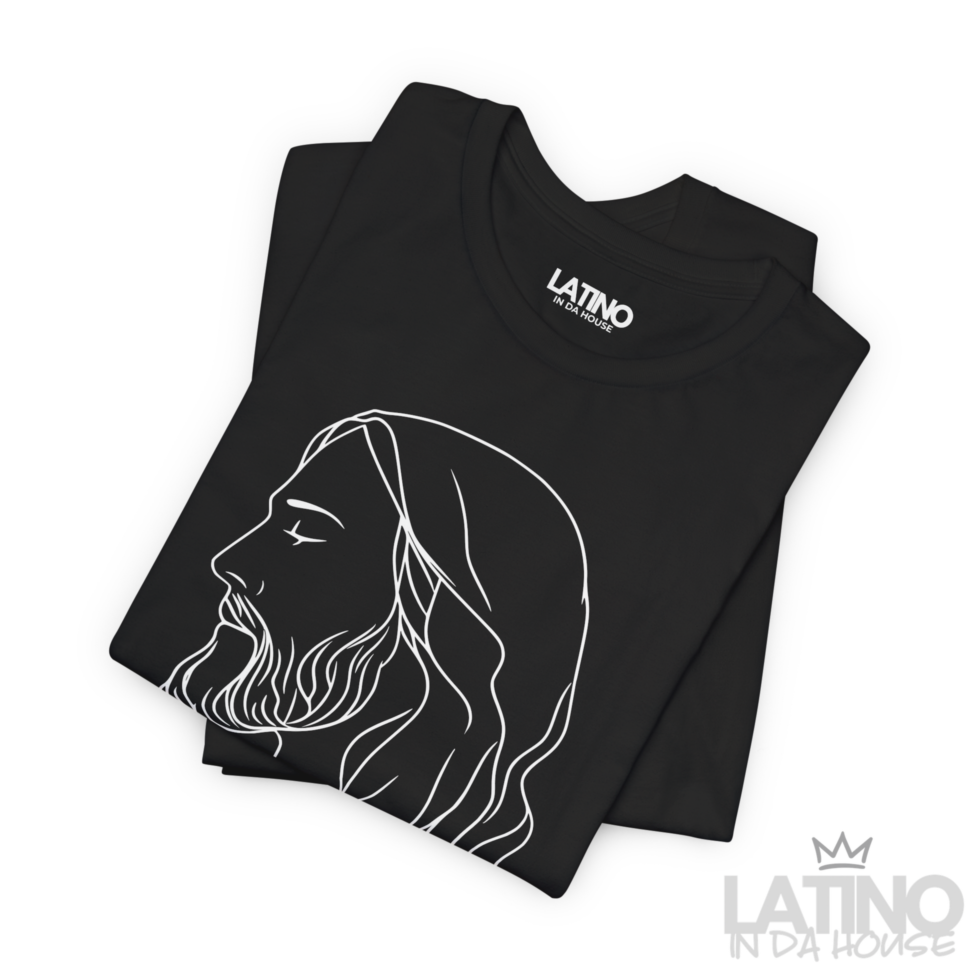 Minimal black faith tee flat lay with “El Rey, Primero y Siempre” text and Jesus line art. Latino In Da House 