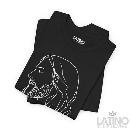 Minimal black faith tee flat lay with “El Rey, Primero y Siempre” text and Jesus line art. Latino In Da House 