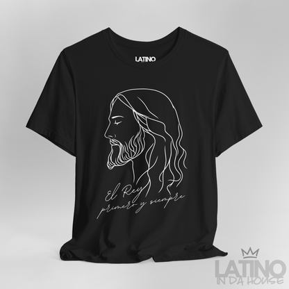 Close-up of El Rey Primero y Siempre T-Shirt white print on soft black cotton. Latino In Da House