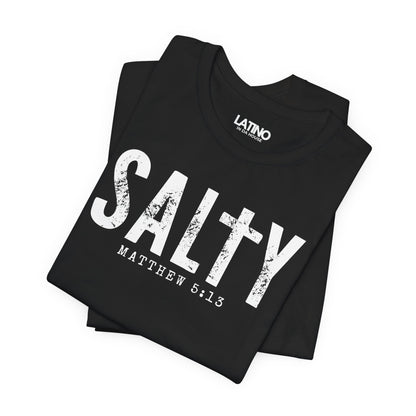 Folded Salty Matthew 5:13 T-Shirt in black with distressed white text and cross design - Latino In Da House