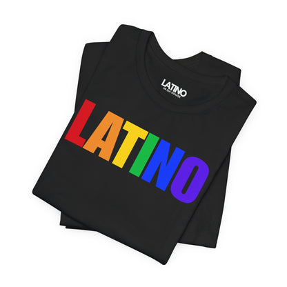 Folded Up LATINO  LGBTQ+ Pride tee—clean block lettering filled with a classic rainbow. Minimal, modern, and made to stand out. Latino In Da House 