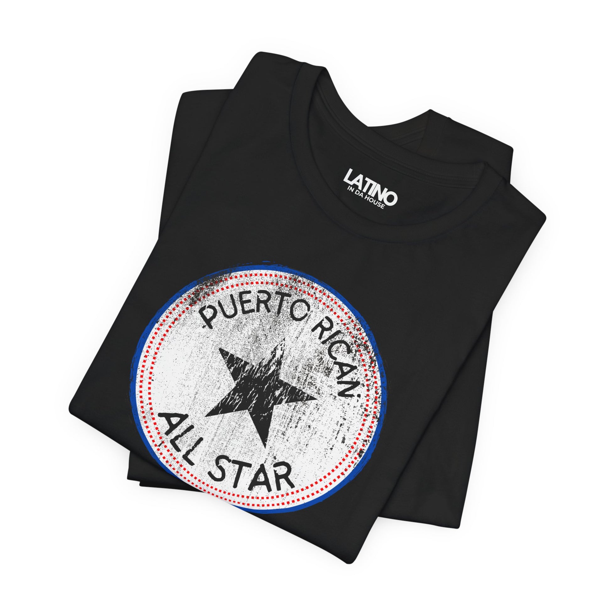 Folded Up Puerto Rican All Star Black T-Shirt Boricua Vintage Badge Tee. Latino In Da House