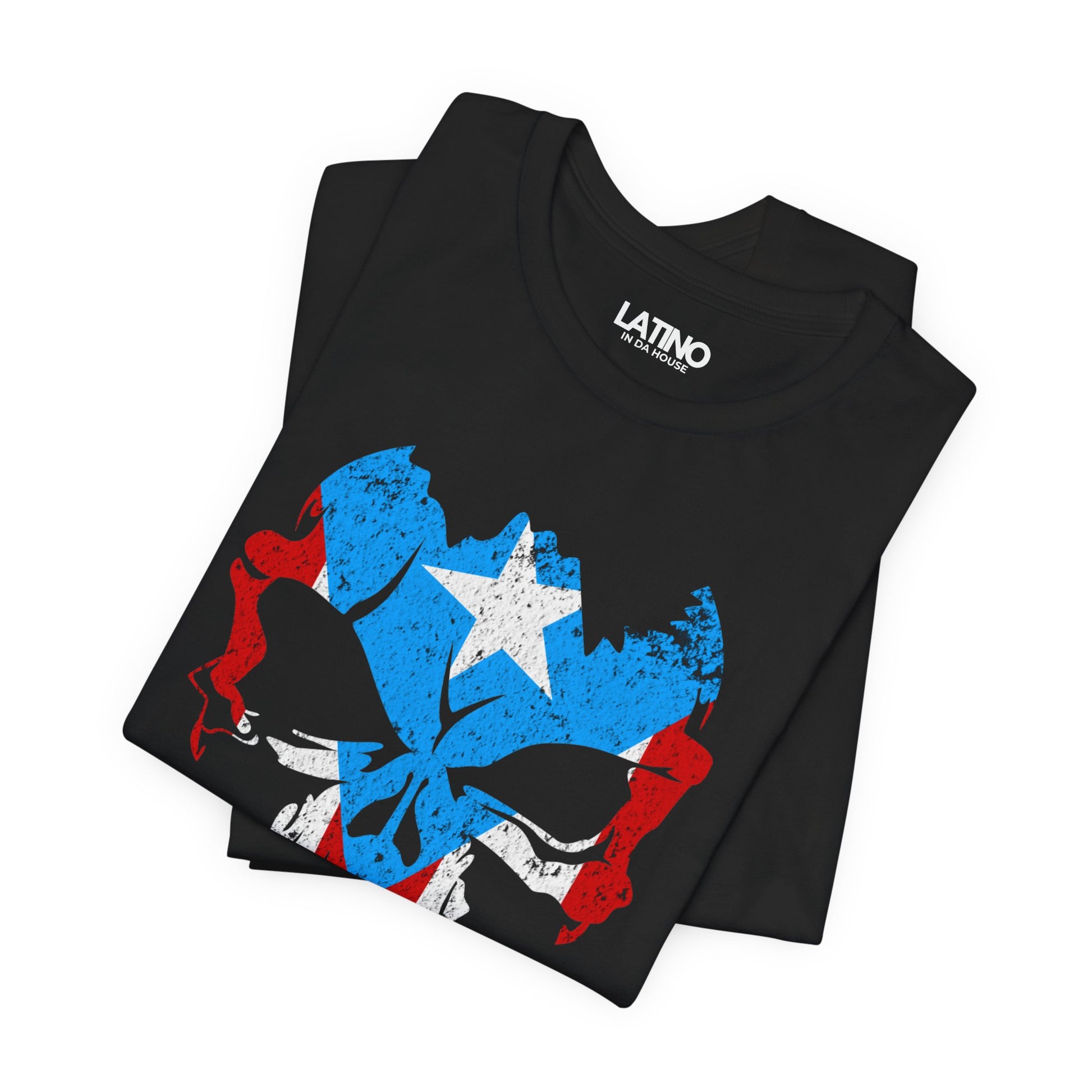 Folded Up Puerto Rican Skull T-Shirt | Boricua Flag Punisher Style Black T-Shirt. Latino In Da House