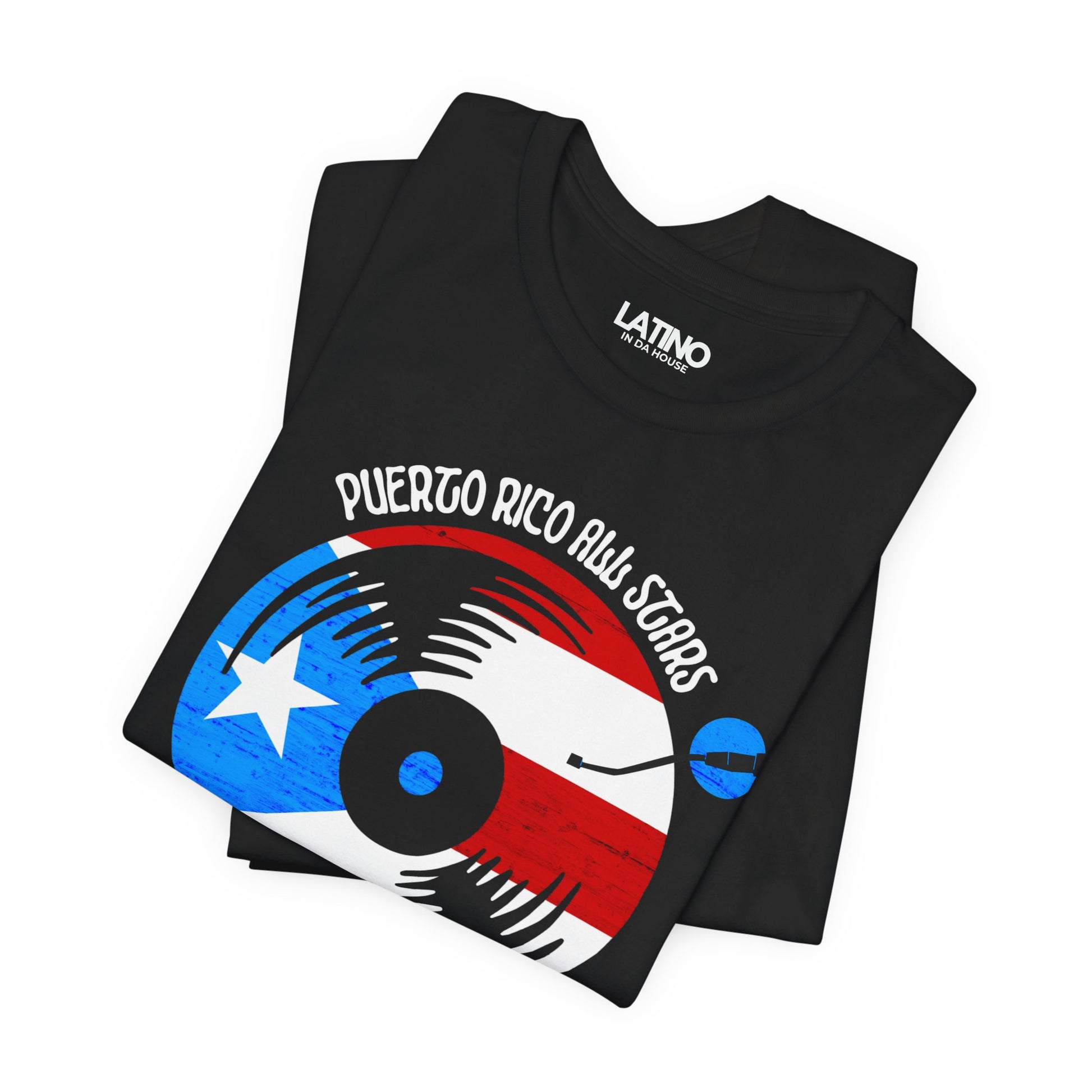 Folded Up Puerto Rico All Stars Black T-Shirt — a bold vinyl record design wrapped in the Puerto Rican flag. Latino In Da House