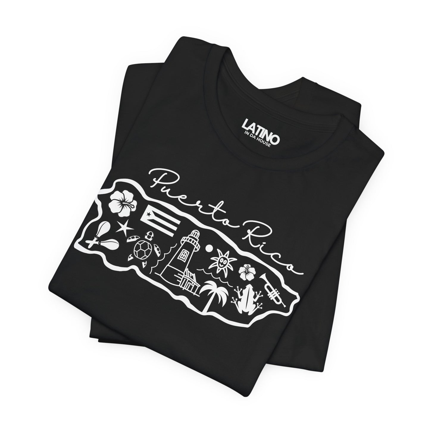 Folded Up Puerto Rico Map Black T-Shirt. Latino In Da House