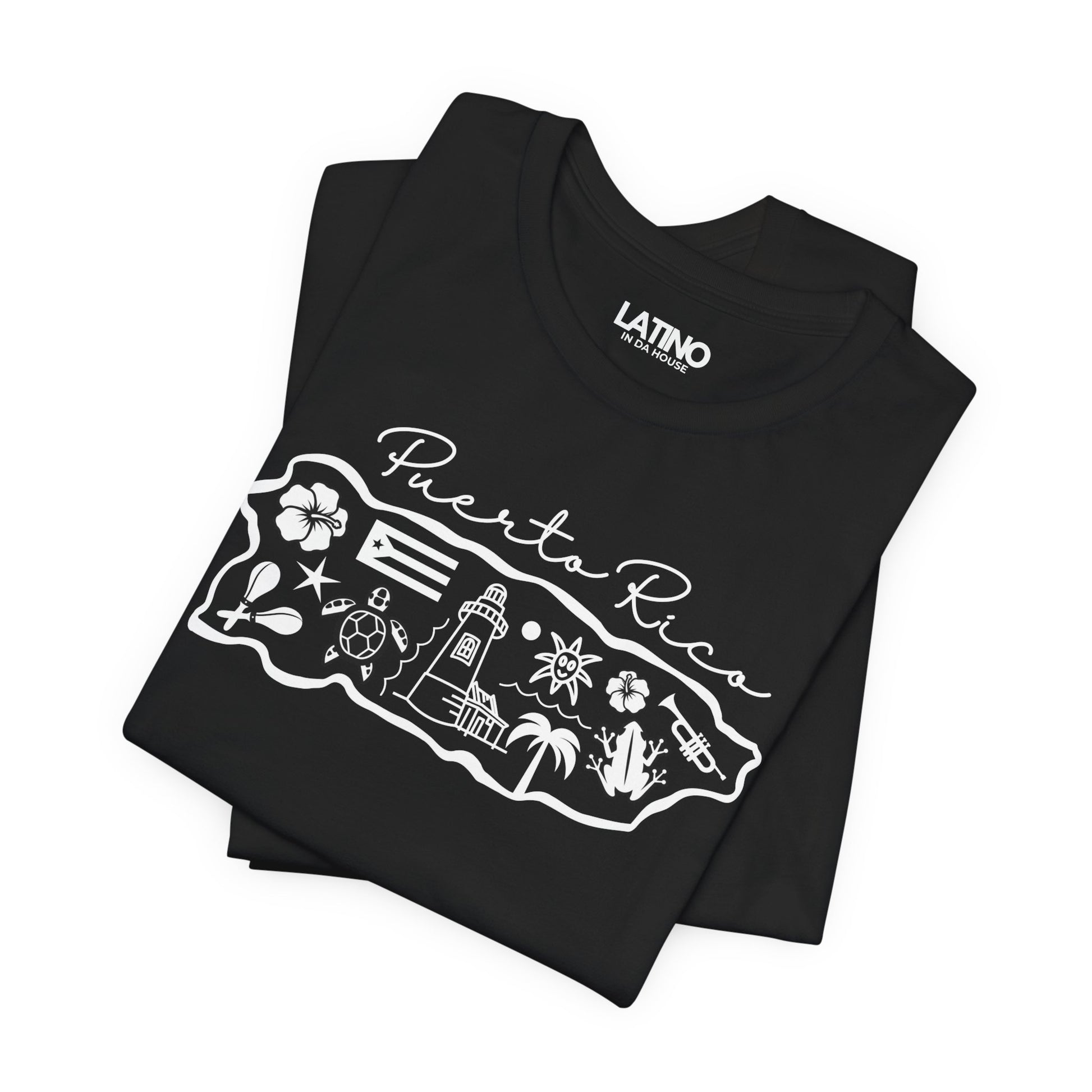 Folded Up Puerto Rico Map Black T-Shirt. Latino In Da House