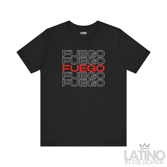 FUEGO FUEGO T-Shirt in black with bold red center text and repeating white outline design – Latino In Da House