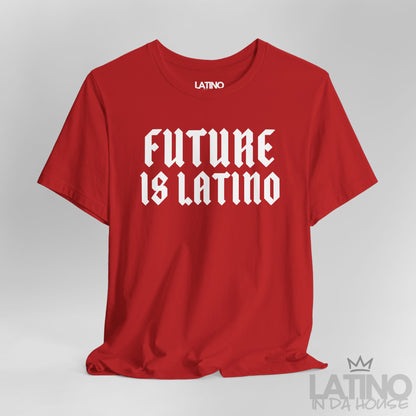 Close-up of “Future is Latino” gothic text design on red T-shirt. Latino In Da House 