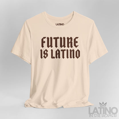Close-up of “Future is Latino” gothic text design on soft cream T-shirt. Latino In Da House 