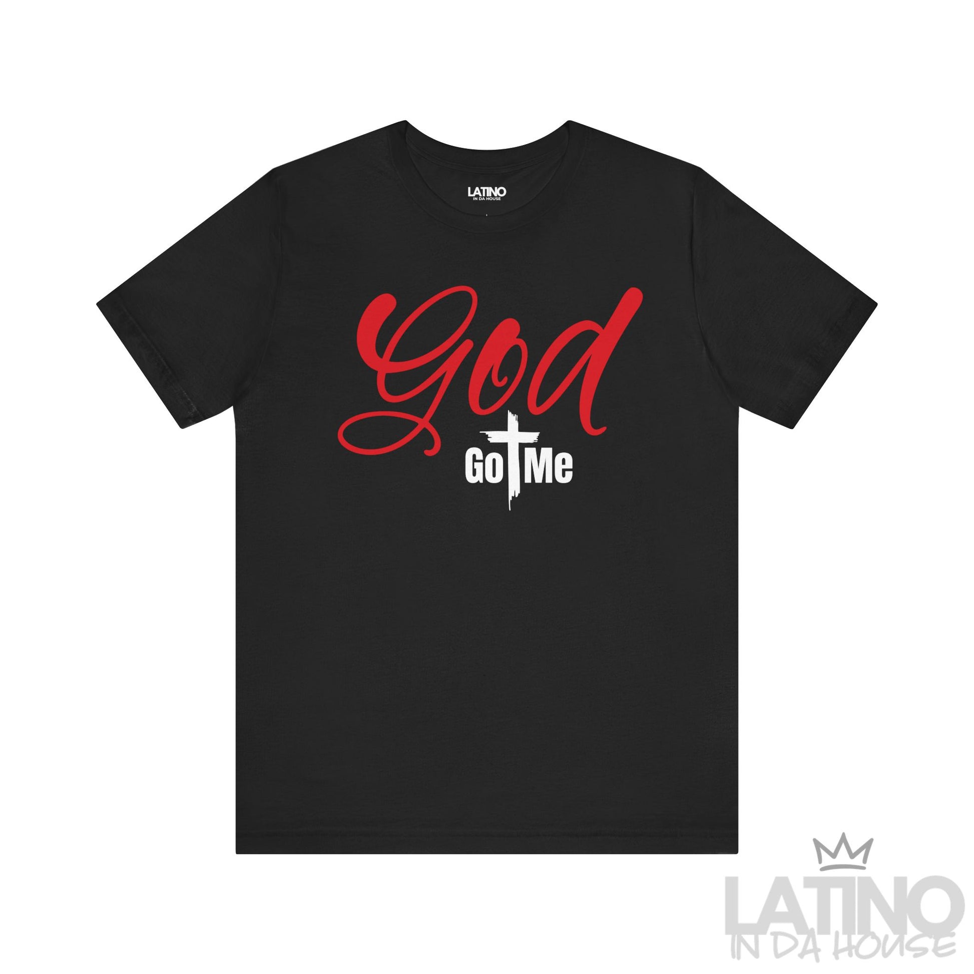 God Got Me T-Shirt in Black featuring red script lettering and cross design. Latino In Da House 