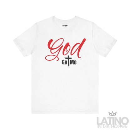 God Got Me T-Shirt in white featuring red script lettering and cross design. Latino In Da House 