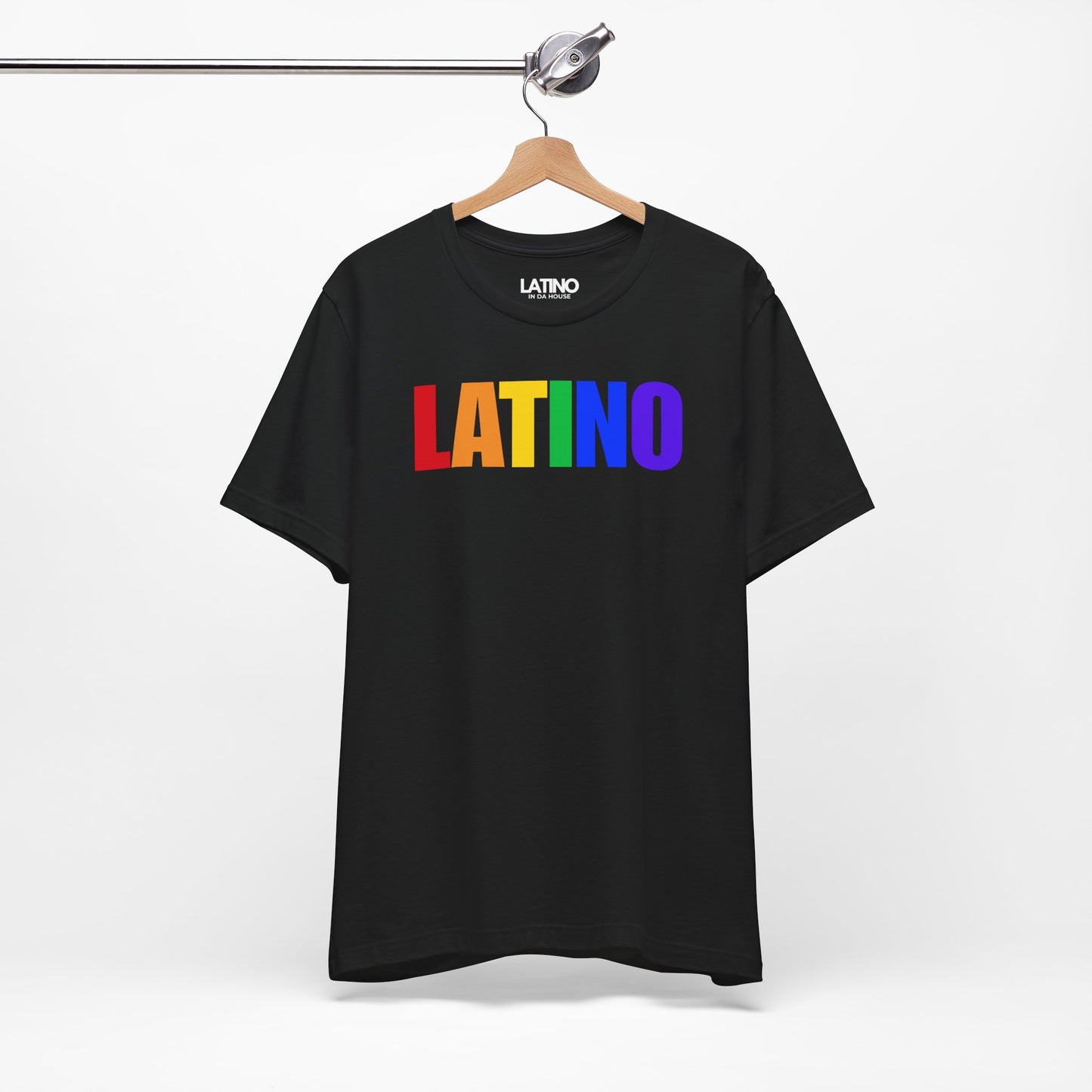 Hanged Up LATINO  LGBTQ+ Pride tee—clean block lettering filled with a classic rainbow. Minimal, modern, and made to stand out. Latino In Da House 