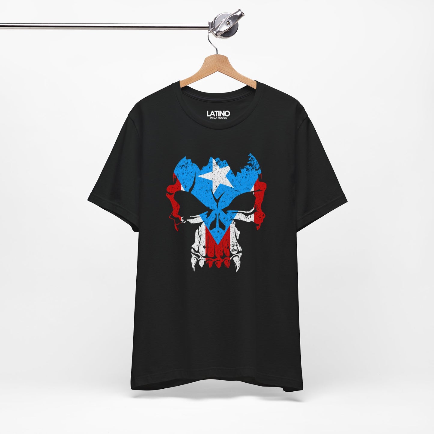 Hanged  Up Puerto Rican Skull T-Shirt | Boricua Flag Punisher Style Black T-Shirt. Latino In Da House