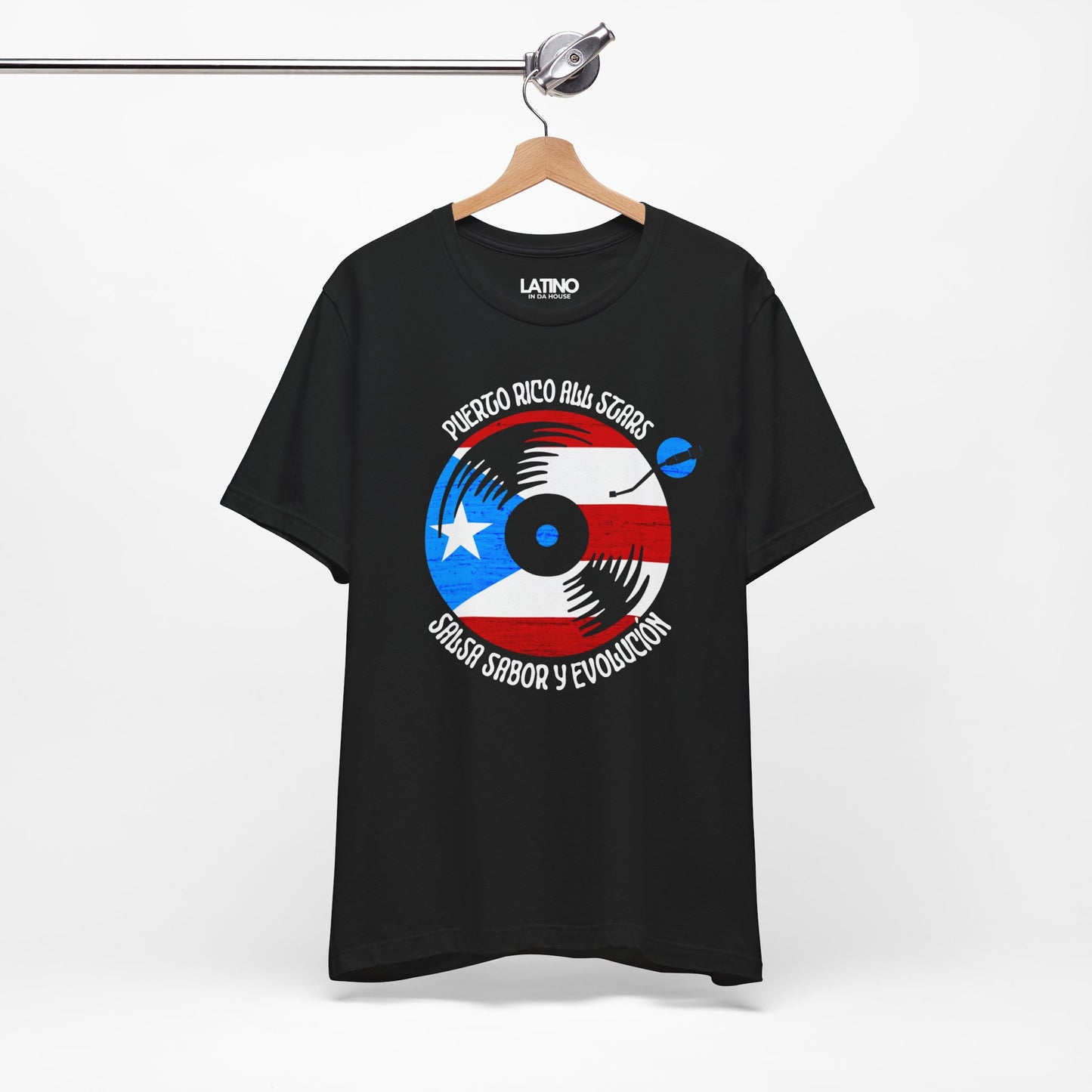 Hanged Up Puerto Rico All Stars Black T-Shirt — a bold vinyl record design wrapped in the Puerto Rican flag. Latino In Da House