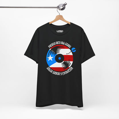 Hanged Up Puerto Rico All Stars Black T-Shirt — a bold vinyl record design wrapped in the Puerto Rican flag. Latino In Da House