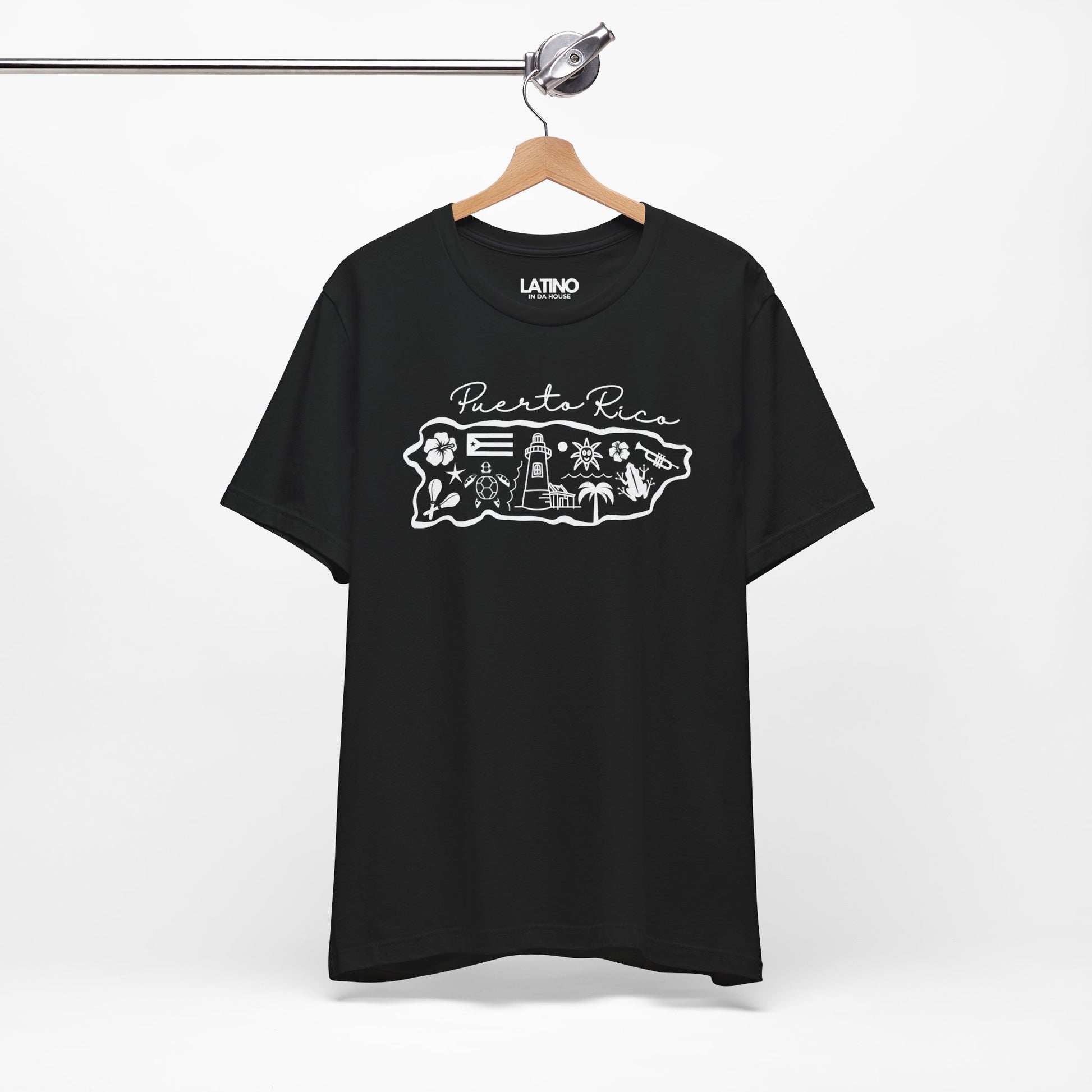 Hanged Up Puerto Rico Map Black T-Shirt. Latino In Da House