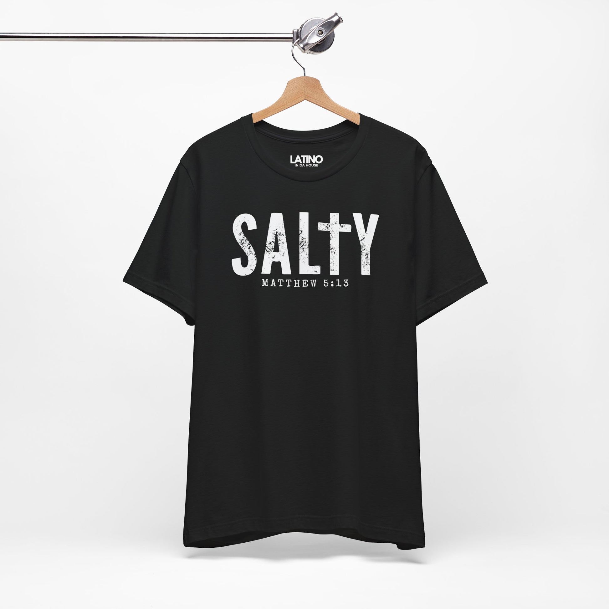 Hanger Salty Matthew 5:13 T-Shirt in black with distressed white text and cross design - Latino In Da House
