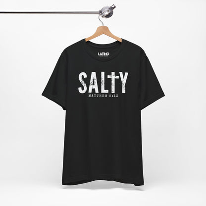 Hanger Salty Matthew 5:13 T-Shirt in black with distressed white text and cross design - Latino In Da House