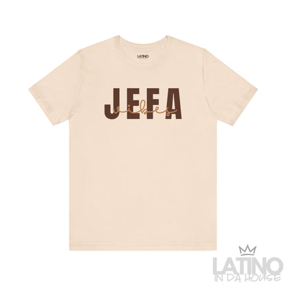 Soft cream Jefa Vibes T-shirt with bold brown and tan lettering, Latino In Da House collection