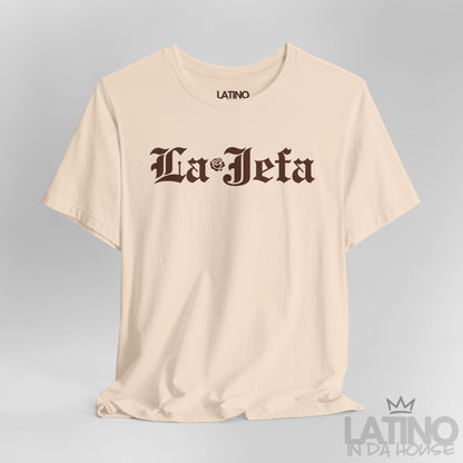 Close-up of La Jefa gothic text and rose detail on soft cream T-shirt. Latino In Da House 