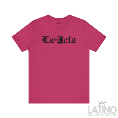 La Jefa T-Shirt in bold gothic font with rose detail, berry background. Latino In Da House 