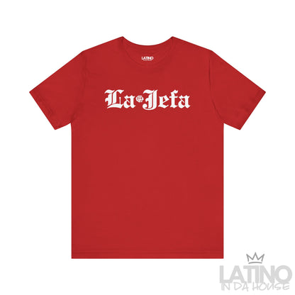 La Jefa T-Shirt in bold gothic font with rose detail, red background. Latino In Da House
