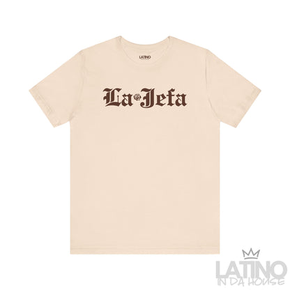 La Jefa T-Shirt in gothic brown font with rose detail, soft cream background. Latino In Da House 