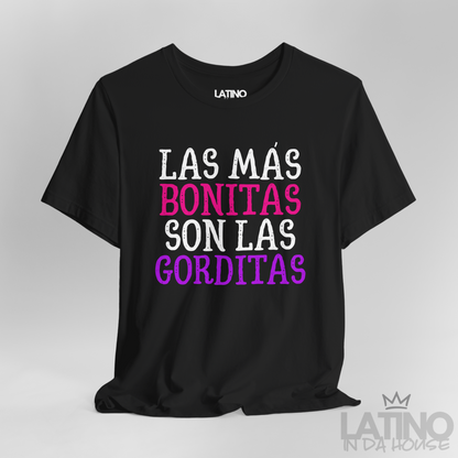 Close-up view of Las Más Bonitas Son Las Gorditas design on black T-Shirt. Latino In Da House