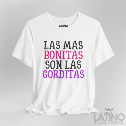 Close-up view of Las Más Bonitas Son Las Gorditas design on white T-Shirt. Latino In Da House